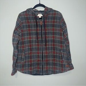 LL Bean‎ Mens Relaxed Fit Full Zip Flannel Hoodie Plaid Grey Red Medium Jacket
